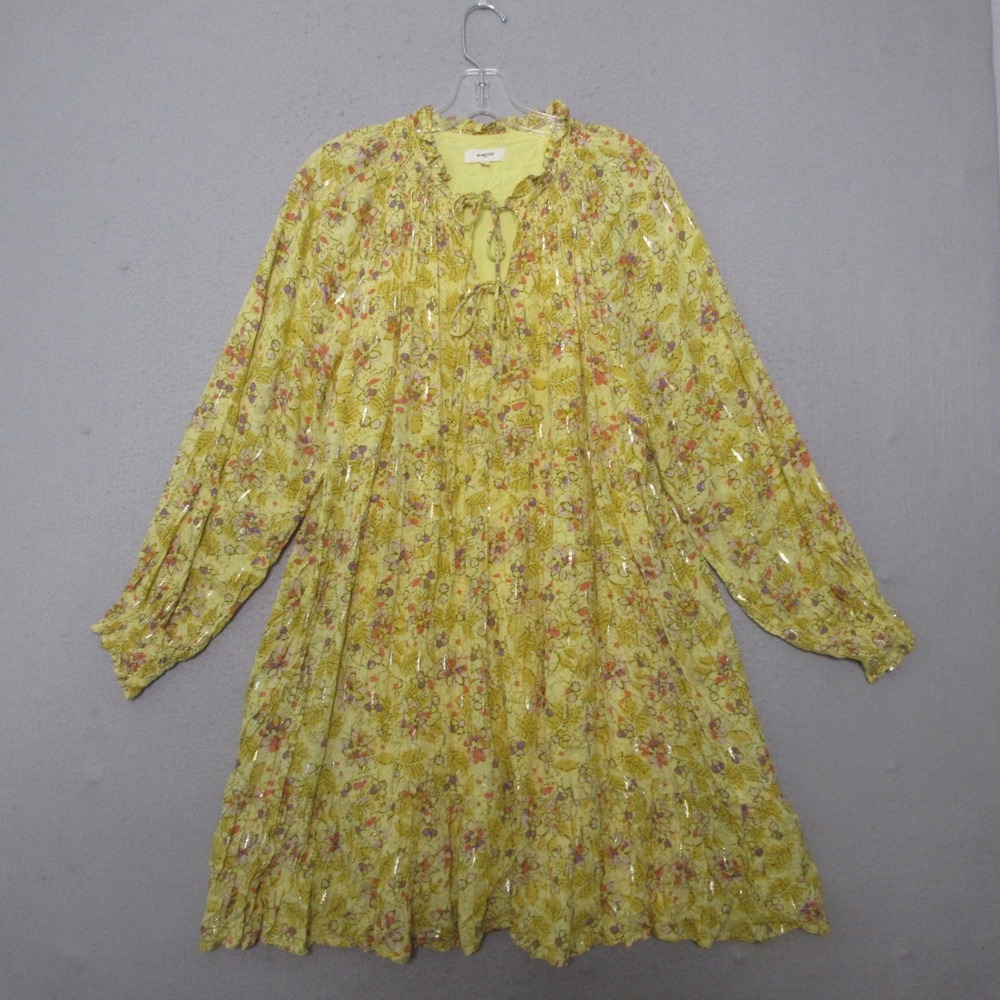 Suncoo Paris Dress T2 or Medium Yellow‎ Floral Tie Neckline Metallic Puff Sleeve